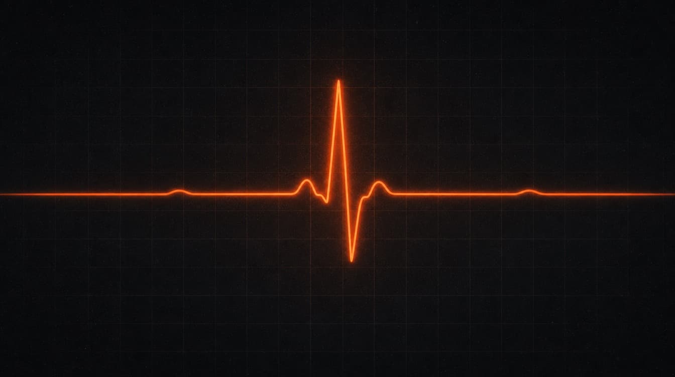 A single orange pulse line with one clean heartbeat spike on a dark background